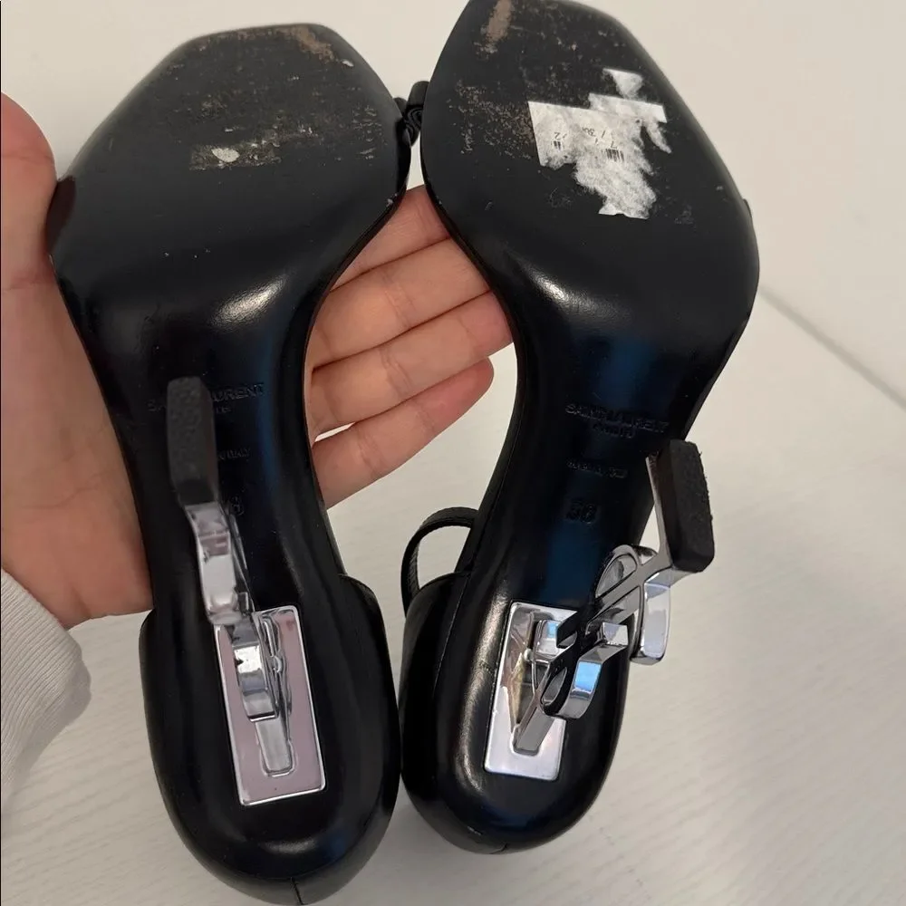 Saint Laurent Opyum YSL Logo Black Leather Silver High Heel Sandal EU 38 US 8 - Picture 8 of 10